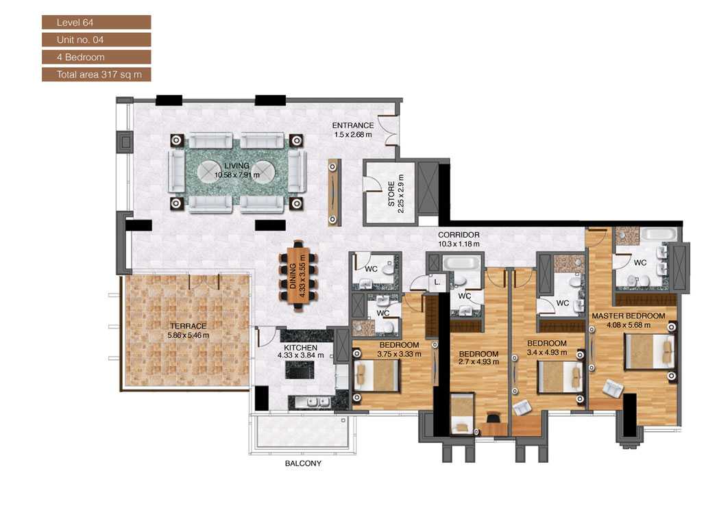 Level-64,Unit-no-4-,4-Bedroom-,Size-317-Sq m